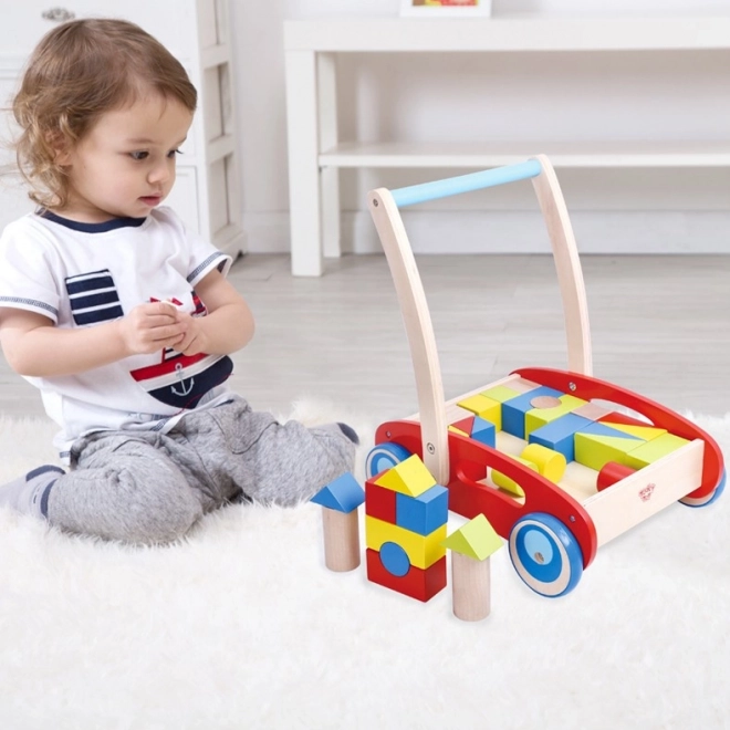 Pusher din lemn cu blocuri Tooky Toy pentru copii
