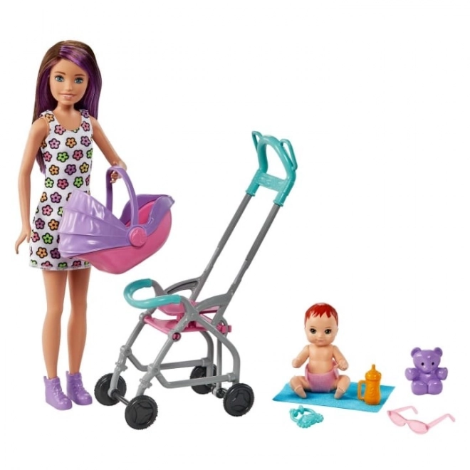 Păpușa Barbie Dădacă Skipper Cărucior + set pentru bebeluș