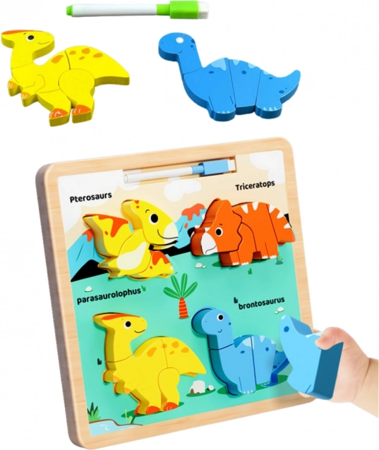 Puzzle educativ din lemn cu dinozauri și tablă de desen