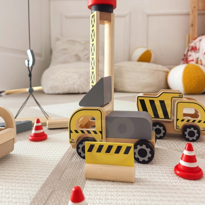 Set de construcție din lemn XXL cu macara rotativă și vehicule Woopie Green