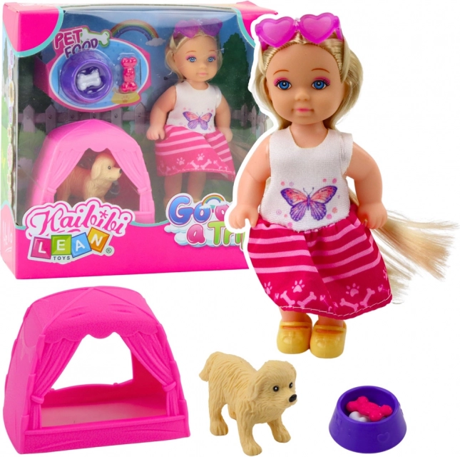 Mini păpușă cu câine, cort și accesorii