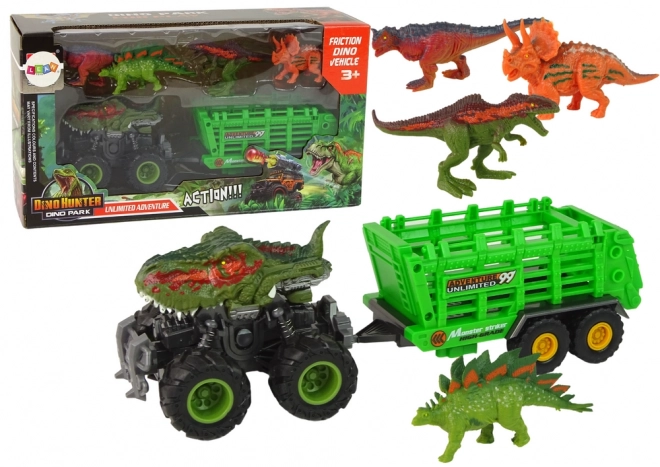 Tractor dinozaur cu remorcă și 4 figurine de dinozauri