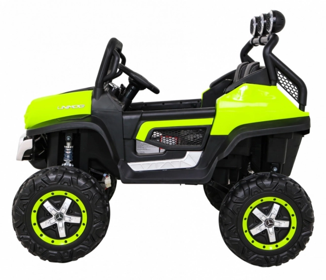 Mercedes Benz Unimog pentru copii Verde + tracțiune 4x4 + telecomandă + spațiu pentru bagaje + pornire lentă + MP3 LED
