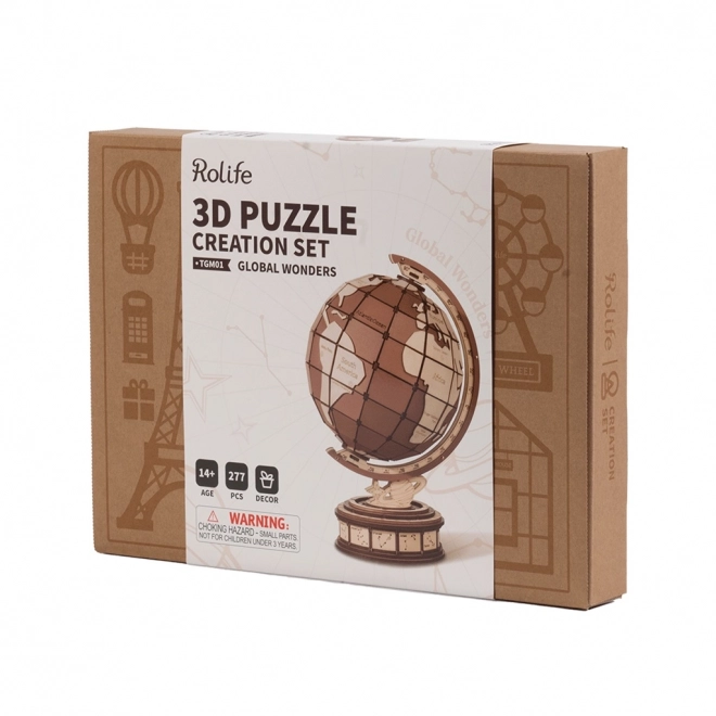 Puzzle 3D din lemn glob pamantesc si minuni ale lumii