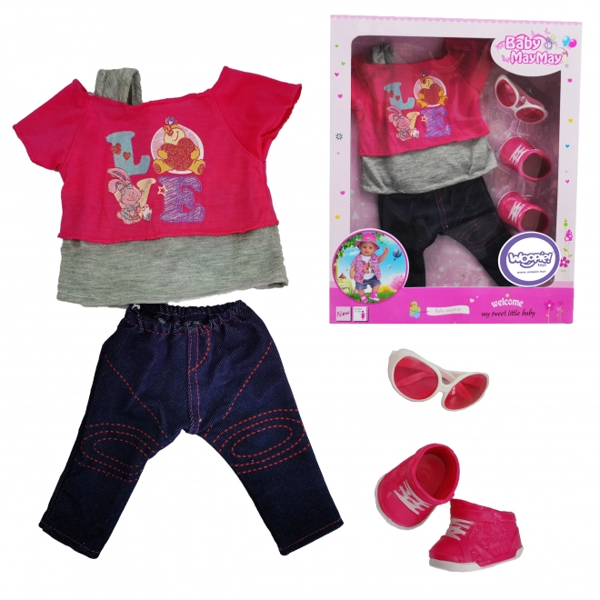Ținută modernă pentru păpușă LOVE cu ochelari și pantofi 43-46 cm