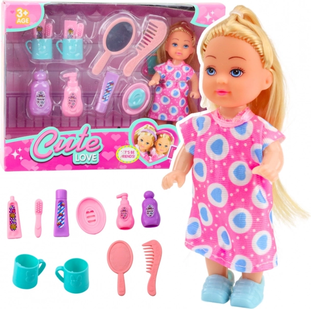 Set Mini Păpușă Îngrijire Păr Rochie Roz