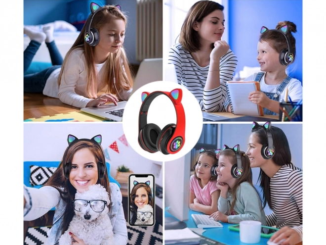 Căști wireless bluetooth radio fm mp3 urechi de pisică cu LED iluminat