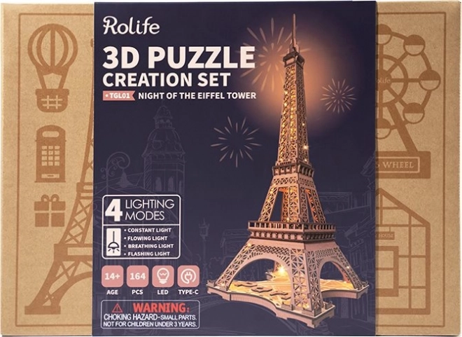 Puzzle 3D din lemn Noaptea Turnului Eiffel, luminoase