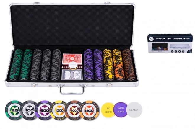 Set de poker în valiză argintie cu valori nominale ridicate