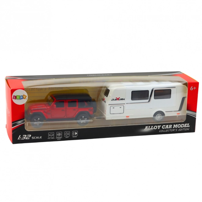 Set mașină off-road cu rulota de metal, efecte de lumină și sunet, roșu, scara 1:32