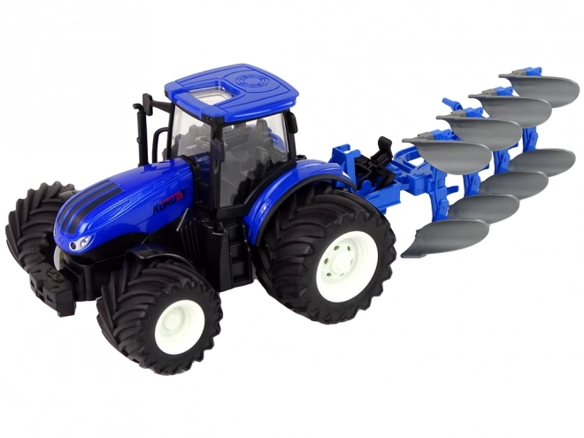 Tractor cu telecomandă 1:24 albastru cu plug de metal