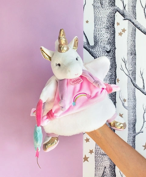 Doudou maimuță de mână unicorn din pluș 25 cm