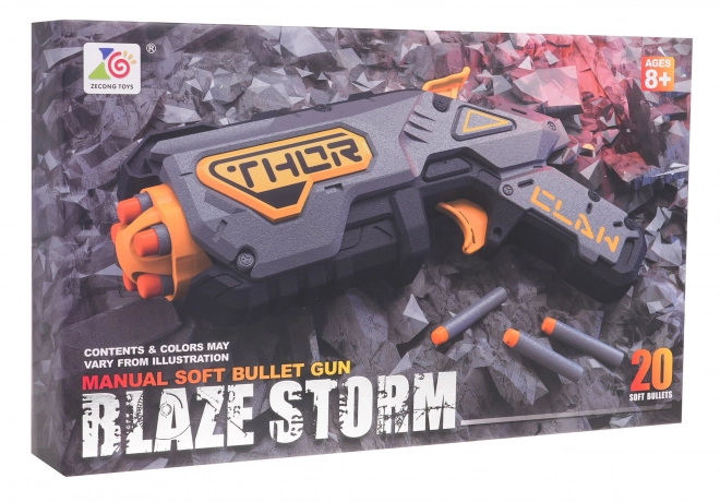 pistol manual Blaze Storm pentru copii 8+ gri cu 20 de proiectile sigure și mecanism pe arc