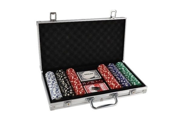 Set poker 300 bucăți cu cărți și zaruri în servietă de aluminiu