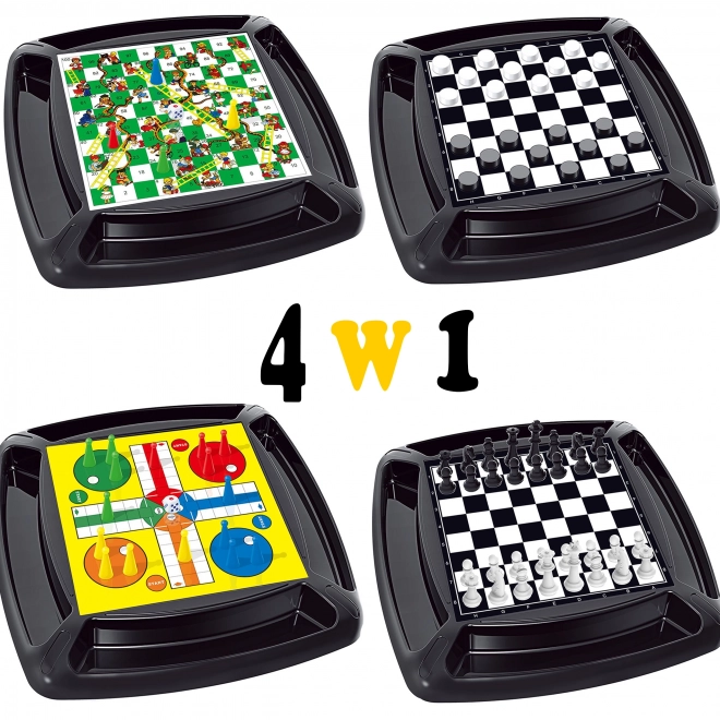 Set woopie 4 în 1 jocuri de masă dame, șah, chineză, șerpi și scări