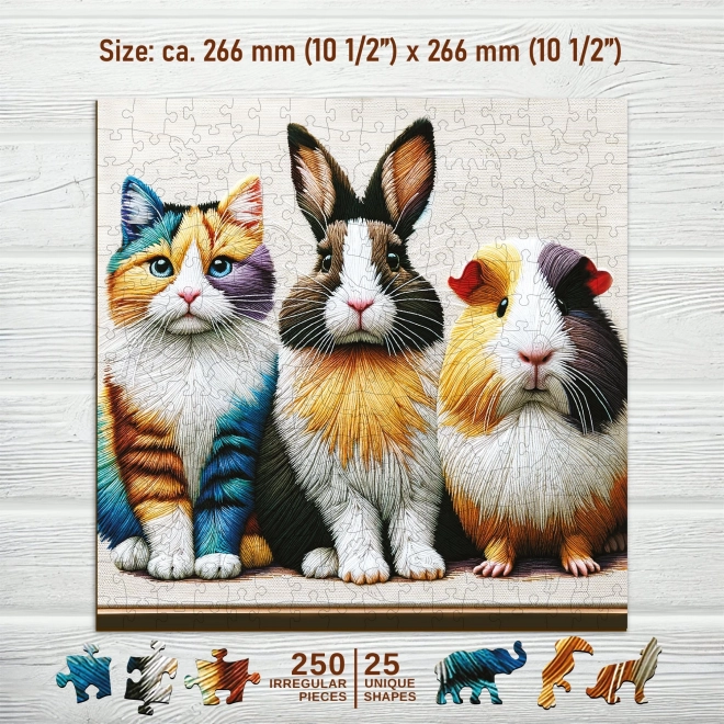 Puzzle din lemn cu pisică, iepure și cobai