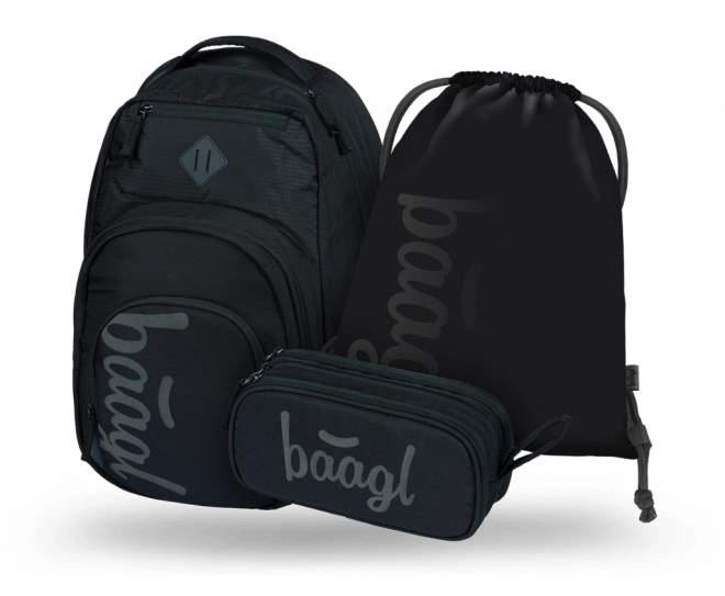 baagl set cu trei produse negre: rucsac, penar și sac