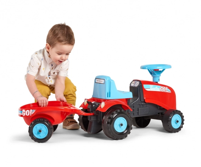 Premergător - tractor Go Farm roșu cu volan și remorcă
