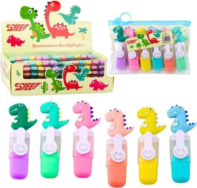 Set Mini Evidențiatoare cu Clipuri Dinozauri în Etui, 6 buc