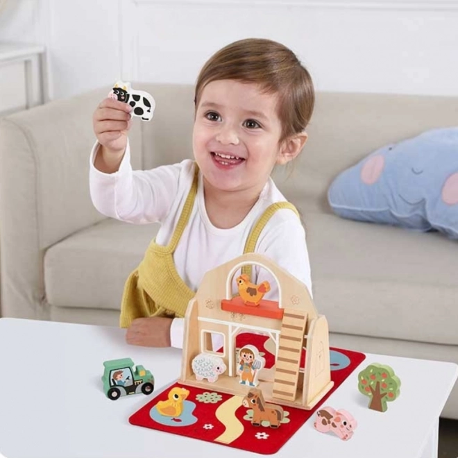 Tooky Toy Ferma din lemn pliabilă cu figurine de animale
