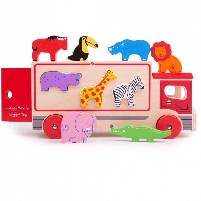 Camion de lemn Safari cu animale Bigjigs Toys