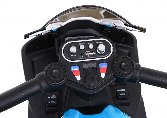 BMW HP4 Motocicletă pentru copii pe baterie Albastru + 3 roți + LED + MP3 USB + Piele Eco