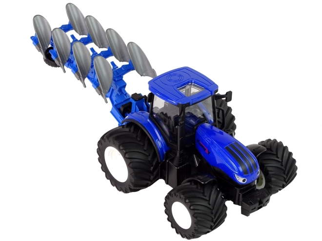 Tractor cu telecomandă 1:24 albastru cu plug de metal