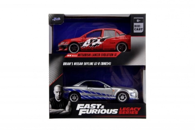 Set mașini Fast & Furious Mitsubishi Lancer Evo IX și Nissan Skyline GTR R34 la scară 1:32