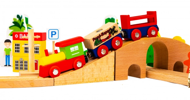 Set cale ferate din lemn cu tren pe baterii 78 de piese Ecotoys