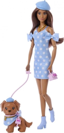 barbie ținută dublă – păpușă cu buline, cățeluș și accesorii