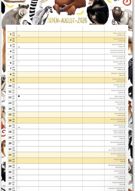 Calendar de perete Planificator de familie 2026 cu ilustrații Animalium