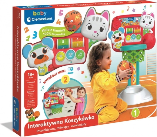 Coș de baschet interactiv pentru copii cu pisicuță și ursuleț CLEMENTONI (limba poloneză)