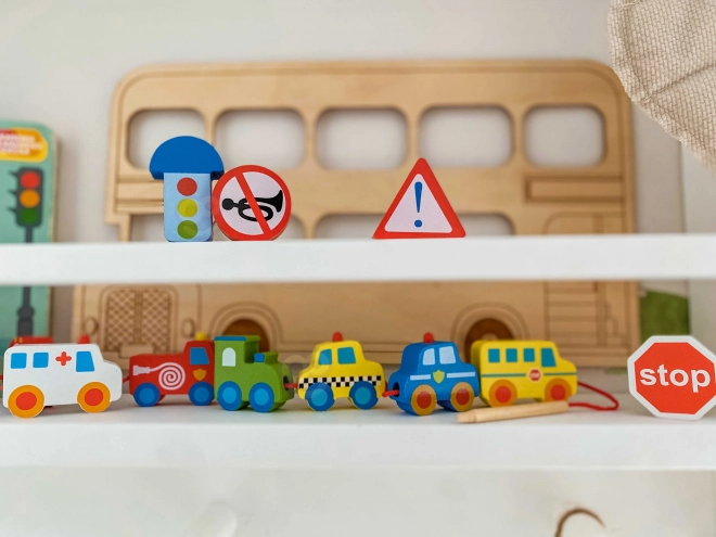 Klocki din lemn pentru înșirat vehicule Woopie