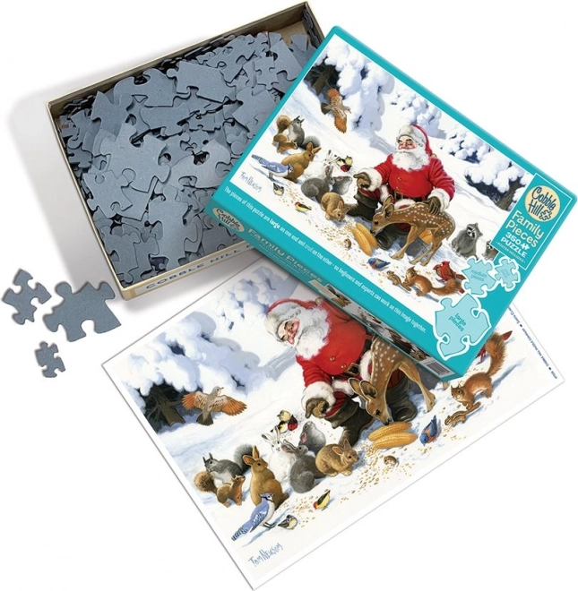 Puzzle de familie Cobble Hill Moș Crăciun cu prieteni animale 350 piese