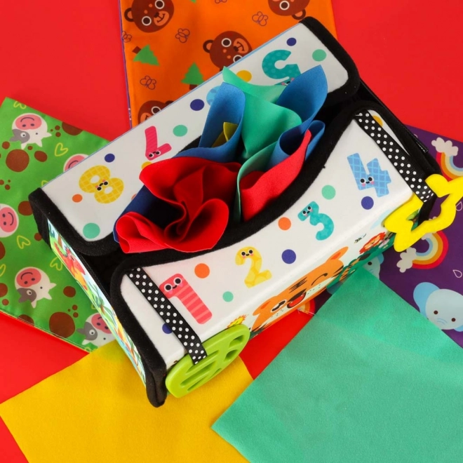 Jucărie senzorială Montessori cu batiste și covoraș 2în1