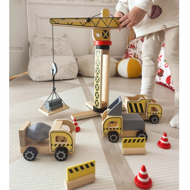 Set de construcție din lemn XXL cu macara rotativă și vehicule Woopie Green