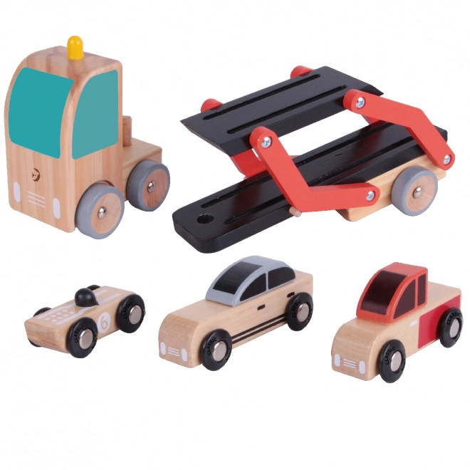 Platformă auto din lemn cu 3 mașinuțe