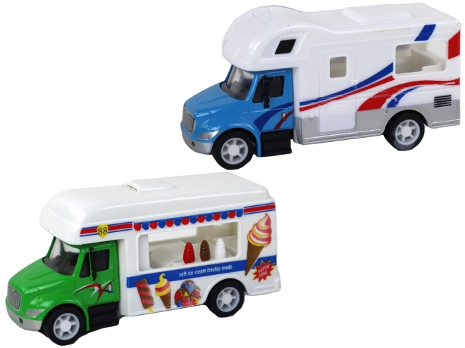 Set vehicule cu motor friction 1:87 - Camion, ambulanță, rulotă, cofetărie pe roți