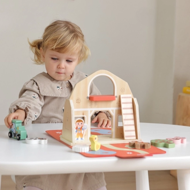 Tooky Toy Ferma din lemn pliabilă cu figurine de animale