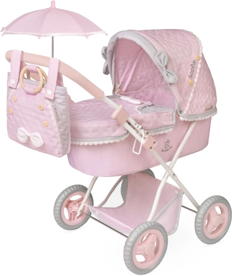 Cărucior pliabil pentru păpuși cu umbrelă și geantă SOPHIE 60 cm