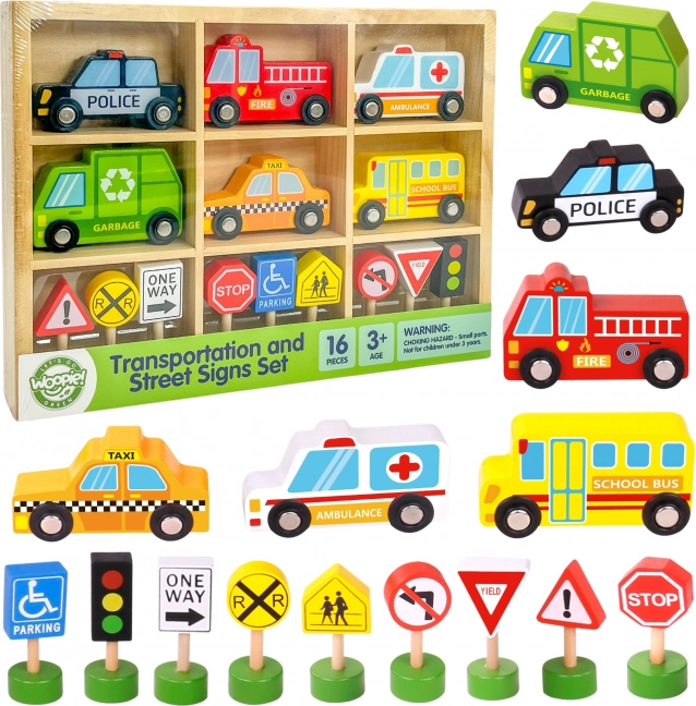 Set de vehicule și indicatoare rutiere din lemn Woopie Green