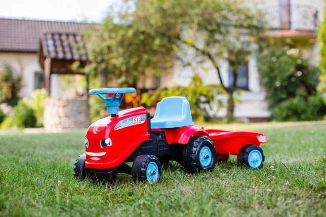 Premergător - tractor Go Farm roșu cu volan și remorcă