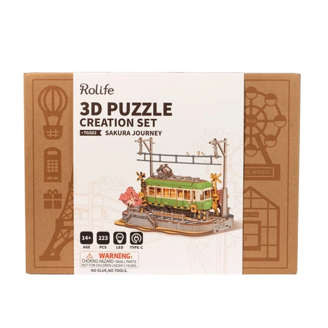 Puzzle 3D din lemn cu stație și flori de cireș