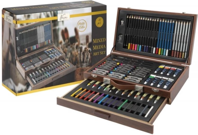 Servietă creativă mare din lemn – set de 91 piese pentru pictură și desen