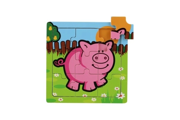 Mini puzzle din lemn 9 piese Primele mele animale pentru cei mici 15x15x0,8cm 6 tipuri