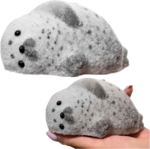 Gniotek antistres din silicon, focă cu „blăniță” fină, gri, 12 cm