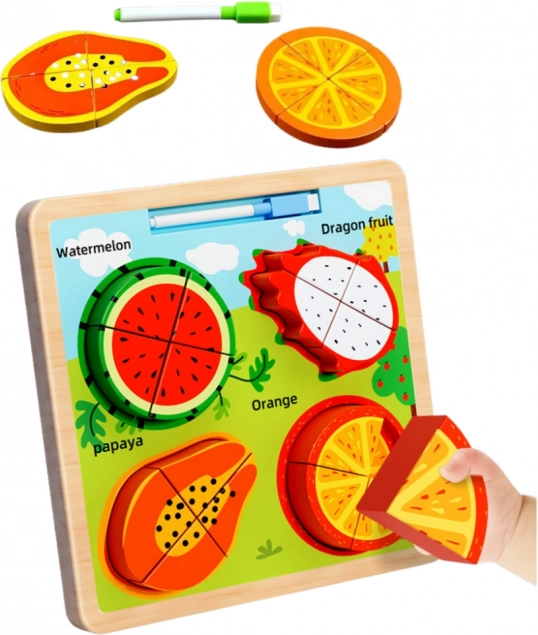 Puzzle educațional din lemn cu tablă de desenat - Fructe