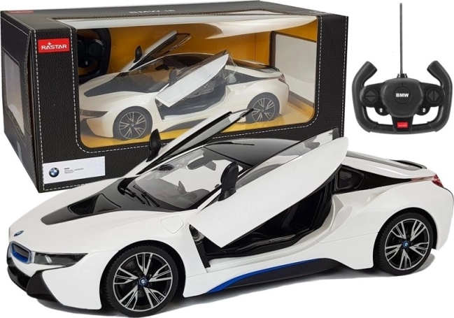 Mașină cu telecomandă BMW i8 Rastar 1:14 alb cu uși automate
