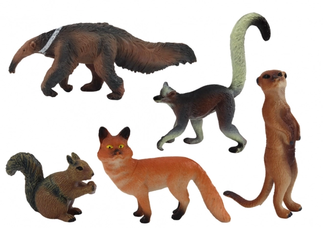 set figurine animale 5 piese cu veveriță, suricată, furnicar, vulpe, lemur