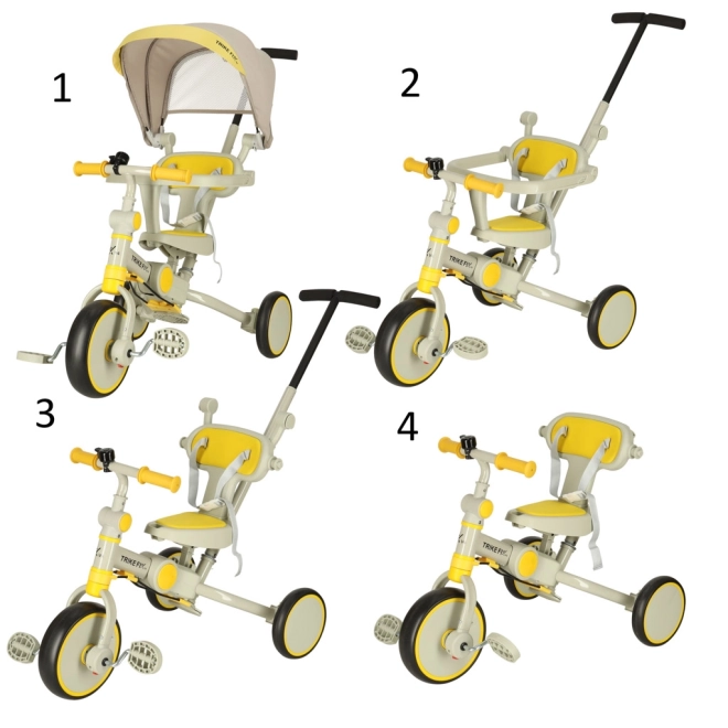 tricicletă multifuncțională cu copertină Trike Fix V4 – gri-galbenă